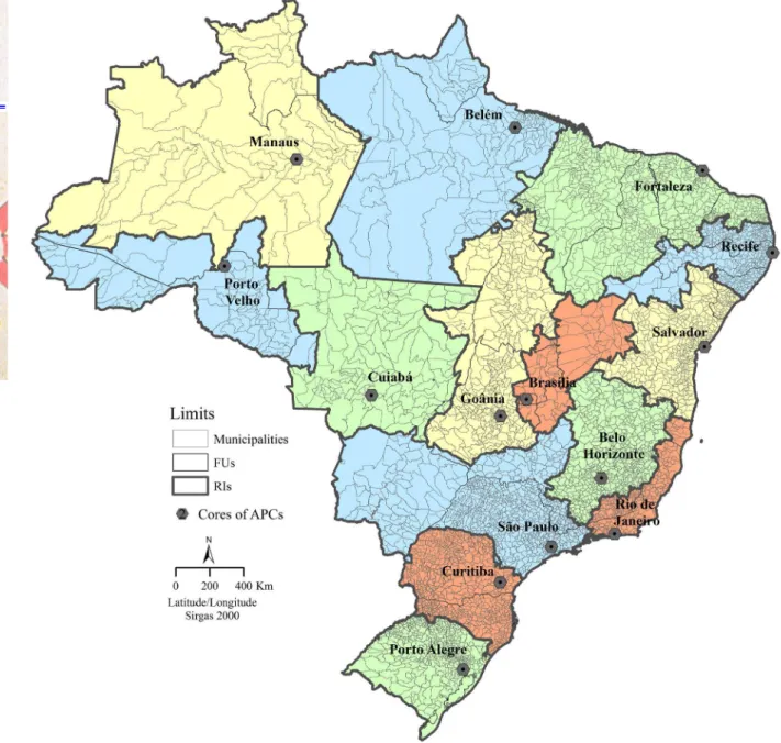 Figure 1:  Regions of Inluence of the cores of APCs in Brazil Source: Extracted and adapted from IBGE (2008).