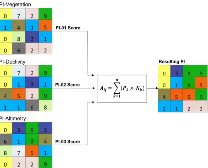 Figure 1 - Illustration of the process of crossing  the IP in the form of matrices with assigned weights and scores, the  scores are the values contained in each cell according to the key, and the weights are attributed by information plan 