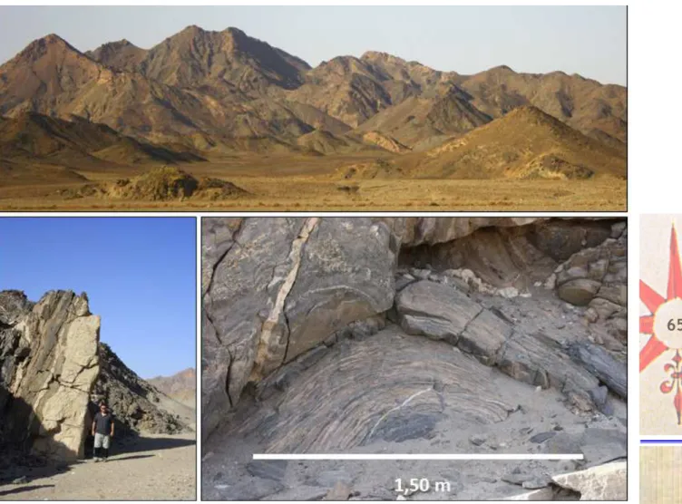 Figure 5 – General aspects of the land in the eastern bank of the Nile. The two images below identify volcanic  structures and folds resulting from intense geological activity in the past (Photo: L.E.P