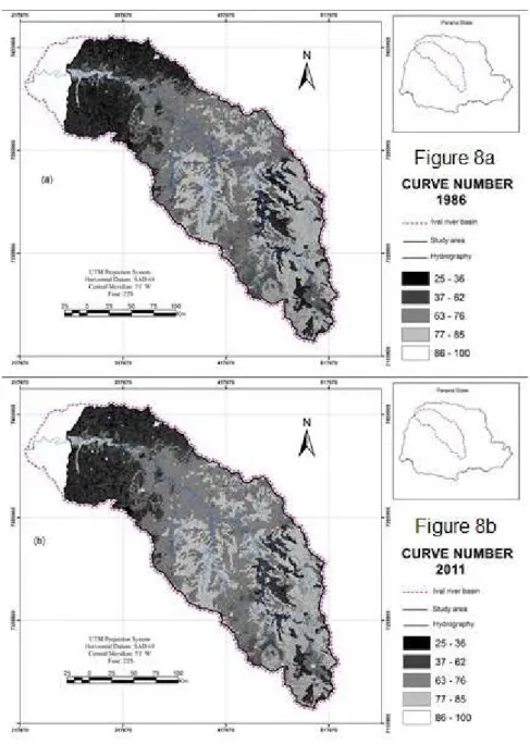 Figure 8 – Maximum soil retention Map: (a) - 1986 and (b) - 2011.