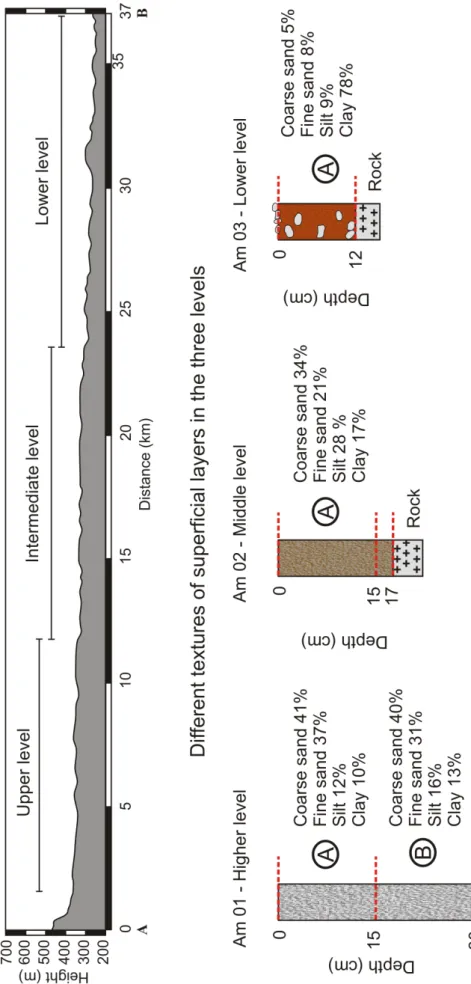 Figure 3 – Topographical proile A-B of a representative stretch of the upper, intermediate and lower planation  levels, with the respective textures of the supericial layers
