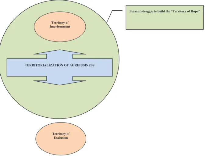 Figure 2 – The territorialization of agribusiness, the formation of the “Territories of Exclusion” and the “Territory of  Imprisonment” and the peasant struggle for the construction of the “Territory of Hope” in Várzeas de Sousa-PB.