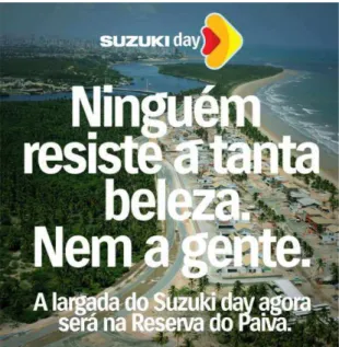 Figura 3 – Anúncio de co-brand entre a Suzuki e a Reserva do Paiva.