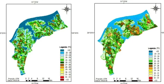 Figure 5 – Classiied image of the estimated Surface Temperature for (a) 13/May/2000 and (b) 10/April/2011 Table 5 – Distribution of surface temperature values (in %) for 13/May/2000 and 10/April/2011