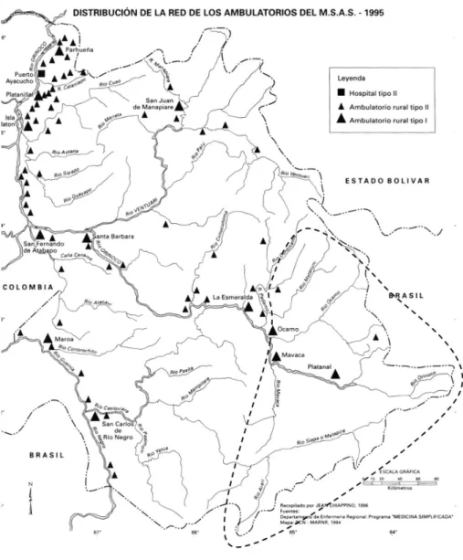 Figura 1: o estado do Amazonas com a localização dos postos de saúde (mapa extraído de Toro 1997:321)