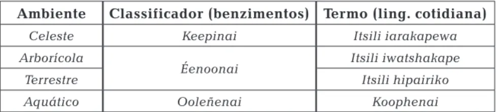 Tabela 2: Classificadores, ambientes e termos em baniwa