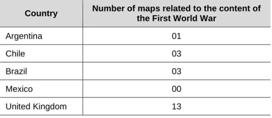 Table 3  –  Number of maps related to the theme of the First World War in the textbooks surveyed by country  of publication