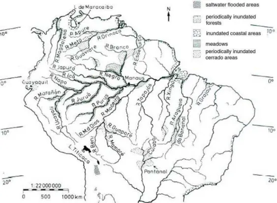 Figure 2 – Main flooded areas in the Amazon in a gradient of latitudes in Brazil            (Junk, 1997).
