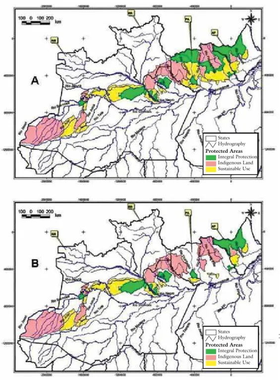 Figure 9 – Corridor of protected areas between the states of amapá, amazonas, Pará  and Roraima (a), whose connectivity will be disrupted should the  con-servation units under state jurisdiction be eliminated under the proposed  creation of the state of ta