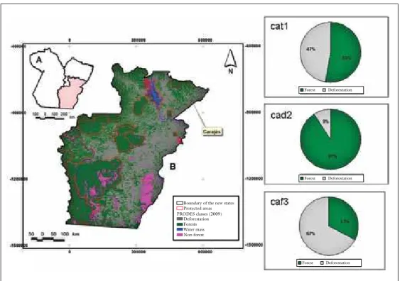 Figure 5 – Classes of vegetation cover in the state of Pará, showing on the right-hand  side the proportion of forest and total deforestation (cat1) inside (cad2)  and outside (caf3) protected areas
