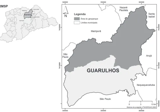 Figura  1  – Localização do Geoparque Ciclo do Ouro, em relação a Região Metro- Metro-politana de São Paulo.
