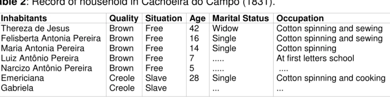 Table 2: Record of household in Cachoeira do Campo (1831). 