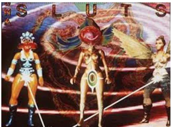 Figure 1: DNA SLUTS- digital image from a hypothetical computer game  - Postcard by VNS Matrix (1996) http://www.maryjaneoverall.com