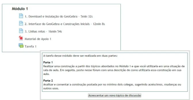 Figura 2 - Materiais e Tarefa do Módulo 1 da 8ª edição do Curso de GeoGebra  Fonte: 8ª edição do Curso de GeoGebra 