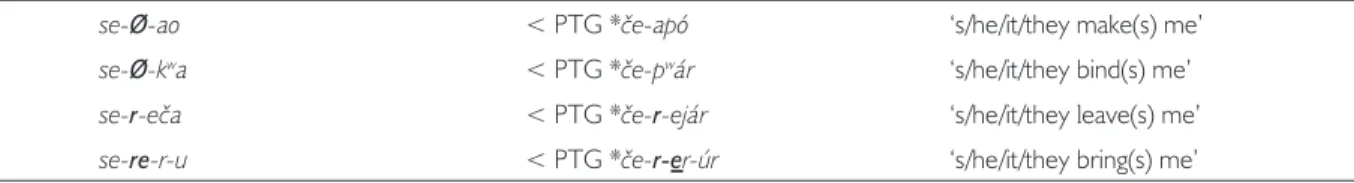 Table 6. o-marked irregular transitive verb forms in Siriono and their PTG reconstruction.