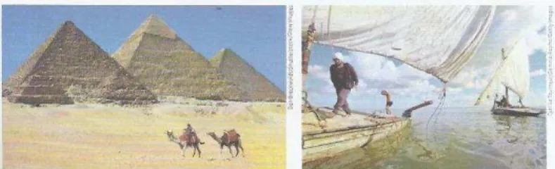 Figura 01 - Texto imagético: fotografias de pirâmides egípcias e jangadas no rio Nilo, Egito