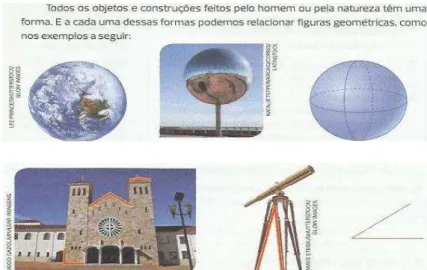 Figura 04 - Texto escrito e texto imagético: fotografias do planeta terra, de escultura Comma (artista chinês Po  Shu Wang, 2007), de igreja e de telescópio e figuras geométricas