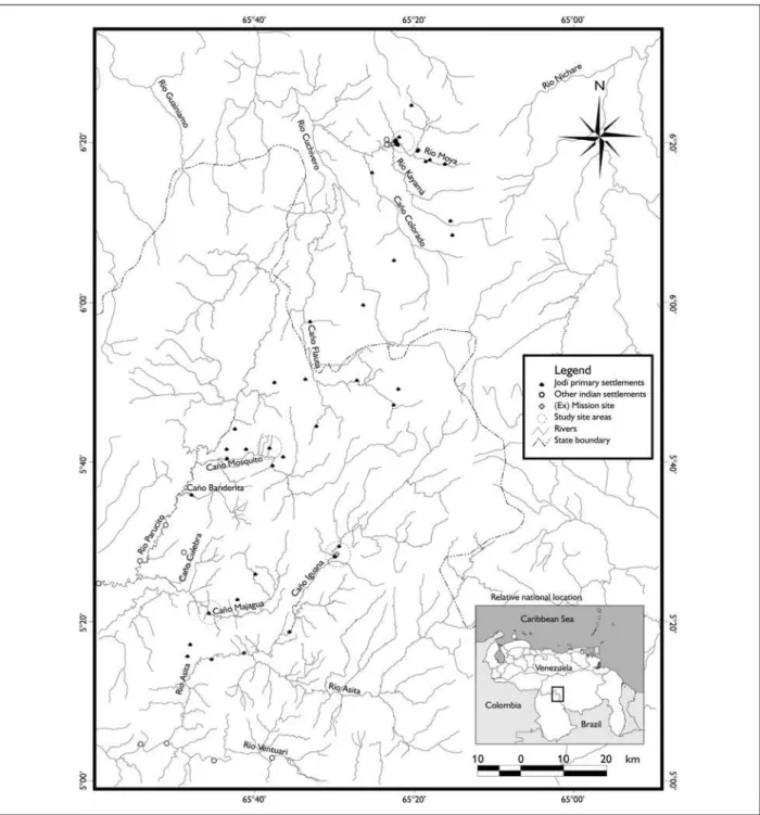 Figure 1. Map of Jodï primary settlements. All of the Jodï settlements, as well as the other Indian settlements, shown in the map were  located by the authors using a geographic positioning system (GPS) electronic device during the period 1996-2002