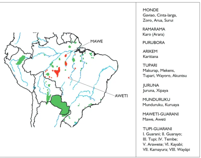 figure 1. Geographic distribution of the languages of the tupian family in south America (tupi-Guarani branch in green, others in red; Mawe  and Aweti branches indicated)