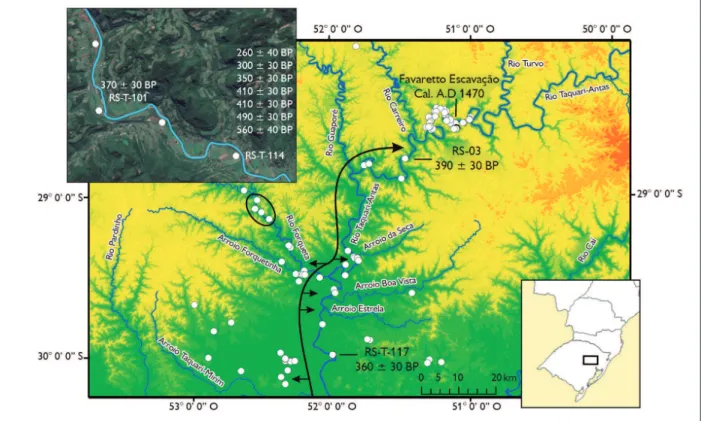 Figura 6. Localização dos sítios Guarani datados em  14 C para a Bacia do Taquari/Antas.