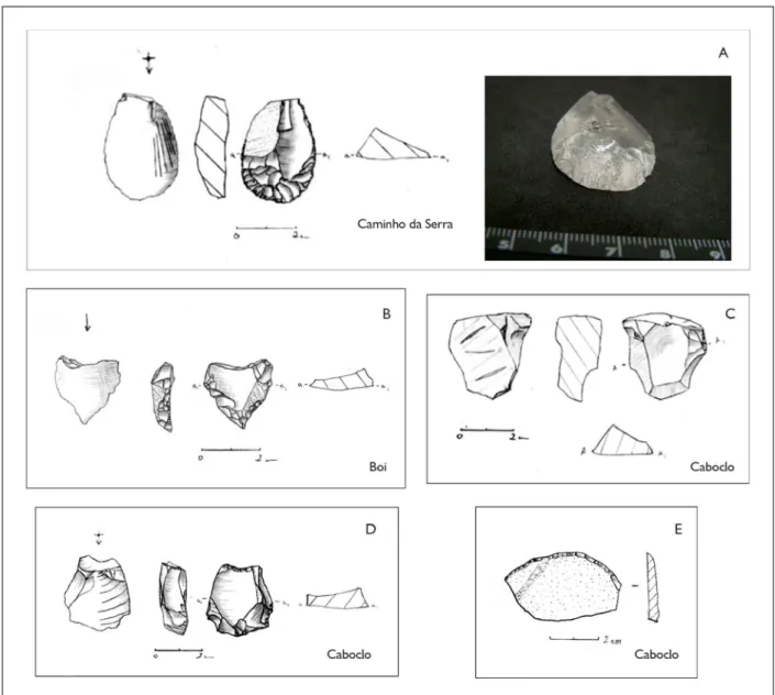 Figura 4. A) Artefato sobre lasca de quartzo com gume semicircular (grupo 5); B) artefatos em quartzo com bico (grupo 6); C) artefato  em quartzo com gume reto e curto (grupo 7); D) artefato em quartzo de gume denticulado (grupo 8); E) plaqueta de quartzit