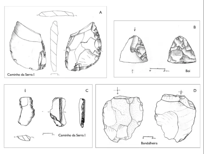 Figura 5. A) Plaqueta de quartzito com gumes em mais de um bordo, descontínuos (grupo 10); B) artefato bifacial em quartzo (grupo 11); 