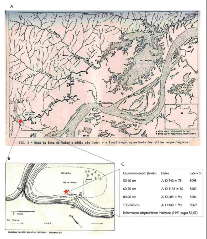 Figure 2. A) Map of the Lower Urubu river area with sites identified by Mário Simões. The red star indicates the location of Sucuriju site; 