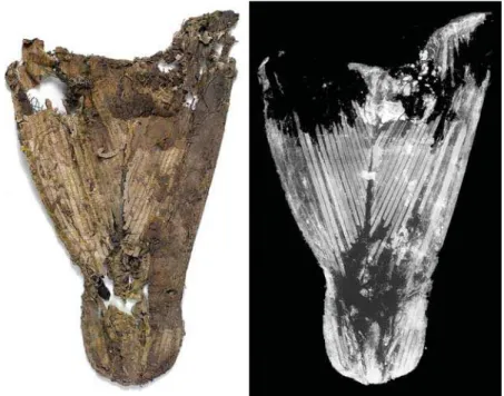 Figure 10 – The stomacher found in the Nether Wallop Cache, with an X- X-radiograph showing the strips of baleen (‘whalebone’).