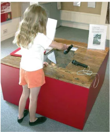 Figure 13 – A young museum visitor uses a torch to examine the Cuckfield Cache, which was displayed in the Hidden House History exhibition in a case which replicated the cache site (under floorboards).