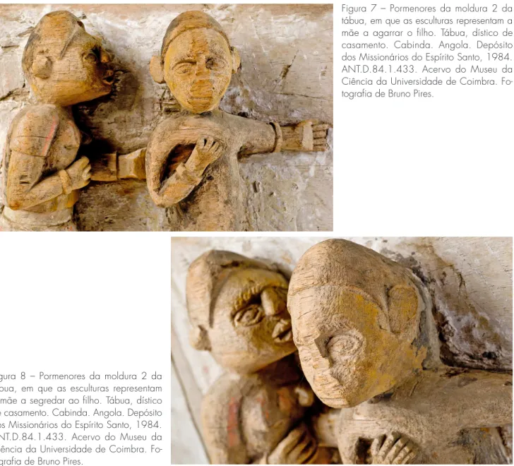 Figura 7 – Pormenores da moldura 2 da  tábua, em que as esculturas representam a  mãe a agarrar o ilho