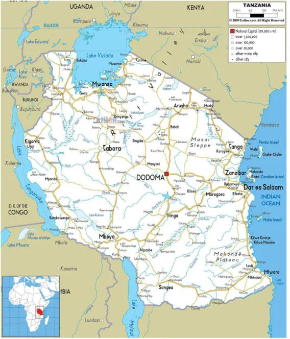 Figura 3 – Mapa da Tanzânia com delimitação do rio Rovuma ao sul, na fronteira com Moçambique