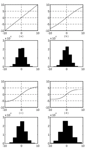 Figure 11: Functions g( · ) and respective histograms of the output of the adaptive filter obtained from  simula-tion