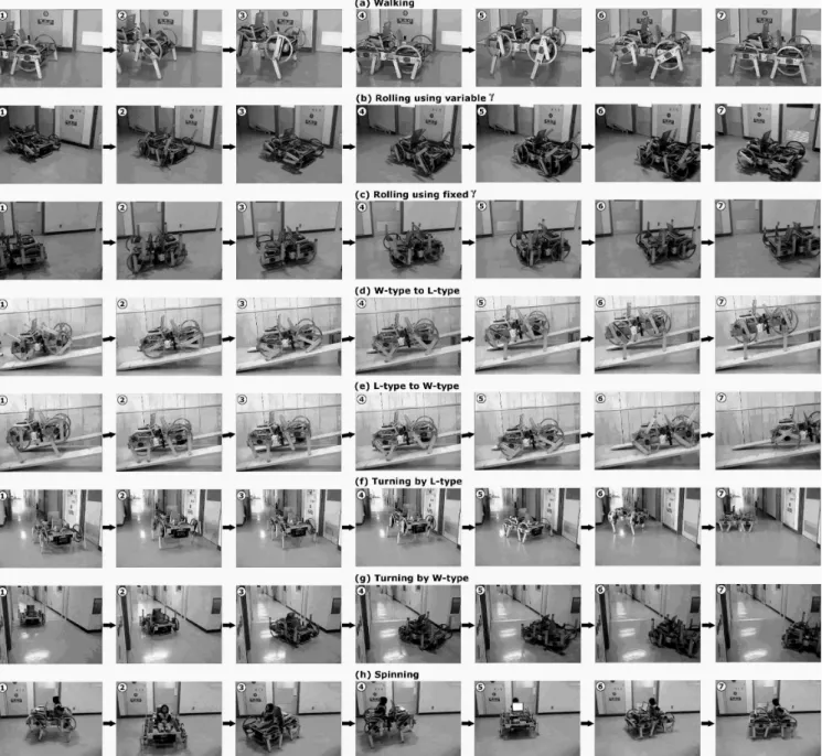 Figure 14: Experimental results in the walking, rolling using variable γ, rolling using fixed γ, switching from W-type to L-type, from L-type to W-type, turning by L-type, turning by W-type and spinning in (a), (b), (c), (d), (e), (f), (g) and (h), respect