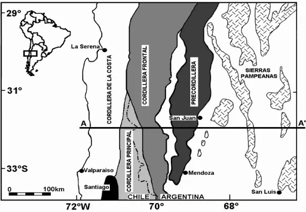 Figure 1 -  Map of the area of study showing the major topographic features. Line A-A’ indicates the cross section under study.