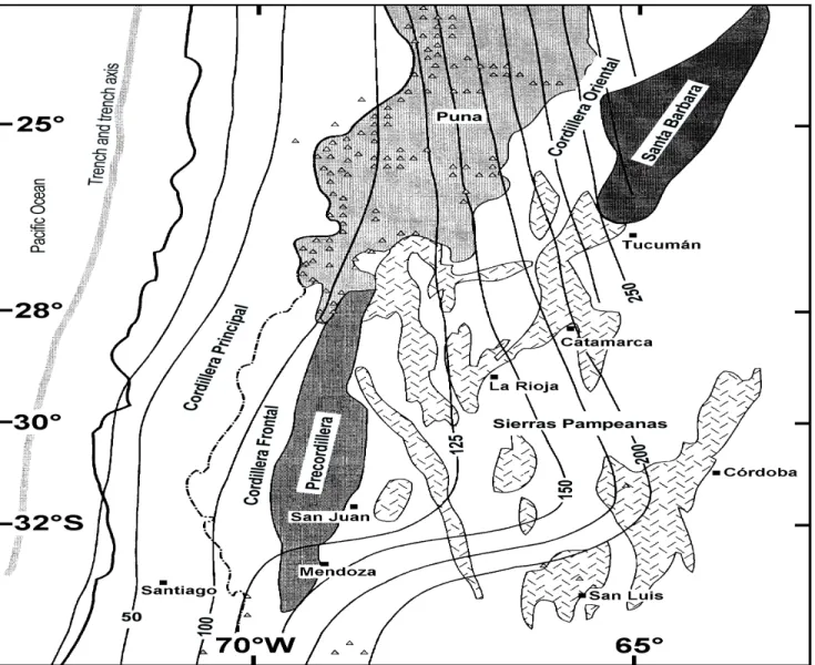 Figure 2 - Map of western Argentina and Chile illustrating upper plate tectonic features, volcanic arc, and contours of the Wadati-Benioff zone (modified from Smalley &amp; Isacks, 1987)