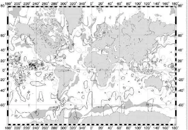 Figure 5 -  Density of elemental copper (contoured in g/m 2 ) on the seafloor, contained in nodules and crusts, gridded on a 1° latitude and longitude basis (from data compiled from the same sources cited on figure 3) and with reference to the ELCS regions