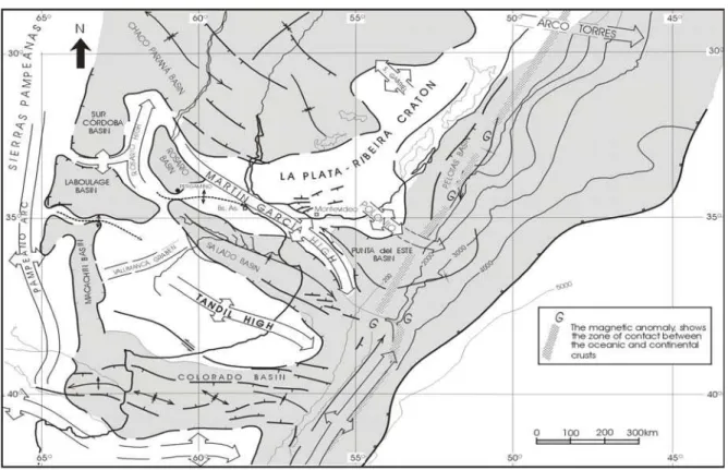 Figure 2 - Structural map and Sedimentary basins . From Urien &amp; Zambrano (1996).