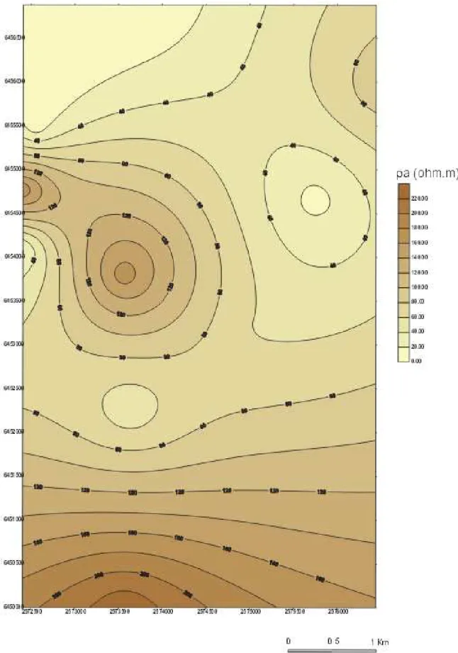 Figura 3 - Mapa de isoresistividad aparente (AB/2 = 1.5m.)                    Figure 3 - Apparent resistivity map (AB/2 = 1.5m.)