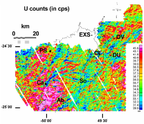 Figure 5 - Gamma-radiometric map, U counts (in cps); cf. also legends of Figs. 1 and 3.