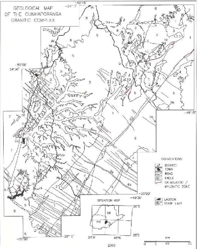 Figure 1 - Regional geologic map of the basement area in Paraná state. 1. Itaiacoca Belt; 2: Serra das Pedras Quartzite and equivalent rocks;