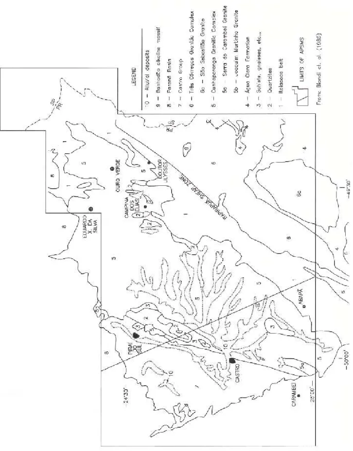 Figure 2 - Limits of the Aereogeophysical Project Serra do Mar Sul. Geologic units as in Fig