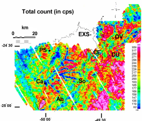 Figure 3 - Gamma-radiometric total count map (in cps). The regional geologic units are identified by outlines (simplified from Fig