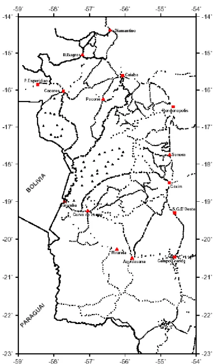 Figure 1 - Distribution of gravity stations in the Pantanal Wetland and surrounding highlands