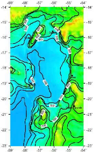 Figure 2 - Shaded relief map of the study area with contours in meters representing the average topography of the gridded (5 km x 5 km) data