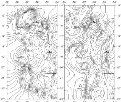 Figure 3 - (a) Free-air anomaly map and (b) Bouguer anomaly map. Contour interval 5 mGal
