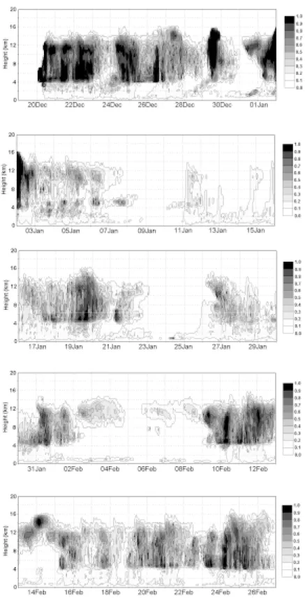 Figura 2  Time evolution of the cloud fractional area (dimensionless) as a function of height