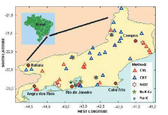 Figure 2 – Locations of geothermal measurements in the state of Rio de Janeiro. The symbols and letters in the inset indicates the methods used in the determination of geothermal gradients and heat flow