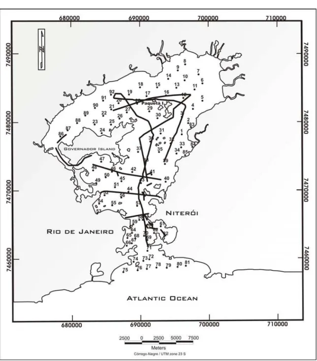 Figure 3 – The map with the position of the superficial samples and the seismic lines.