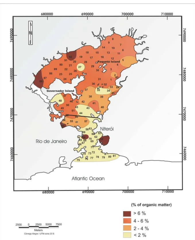 Figure 5 – Map of the organic carbon content (%) distribution in Guanabara Bay surface sediments.