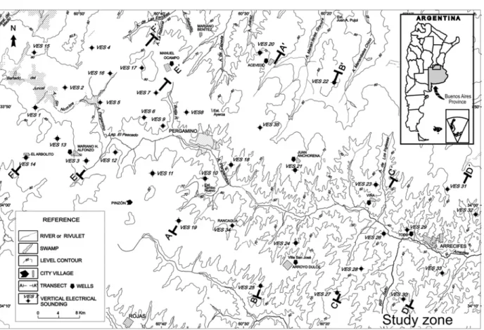 Figure 1 – Study area. Sites of VES and wells are shown. Transects for geoelectrical sections are pointed out.